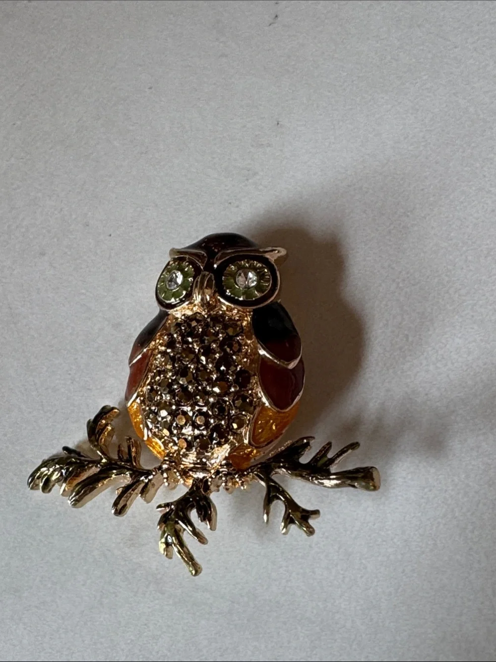 Napier Gold-Tone Owl Brooch with Green Crystal Eyes and Brown Enamel Accents